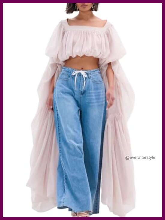 Tops - Women's Bubble Crop Top Square Neck Chiffon Puff Sleeve Going Out